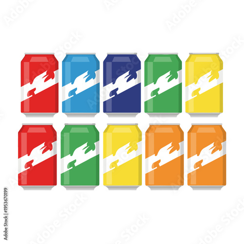 Set of flat vector soda can icons in bright rainbow colors