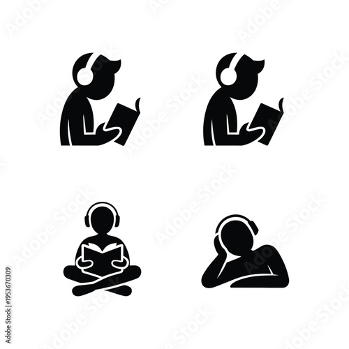 Four different ways people enjoy audiobooks or podcasts with headphones world book day, world book day 2026, book day ,book day vector, book day set icons, book day vector icons