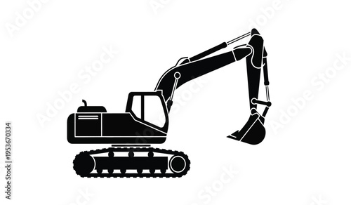 Silhouette of a black excavator machine with tracks and a long arm