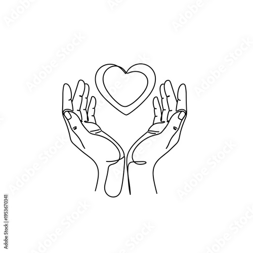 Continuous line drawing of hands cupping a floating heart