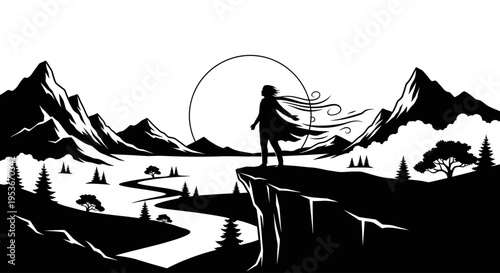Dramatic black and white silhouette of a lone figure on a cliff with flowing hair, admiring a vast mountain and river landscape at dusk.