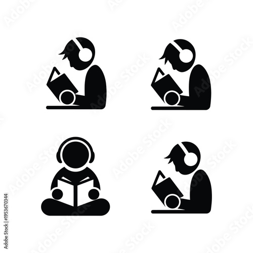 People enjoying audiobooks and reading in various relaxed settings world book day, world book day 2026, book day ,book day vector, book day set icons, book day vector icons