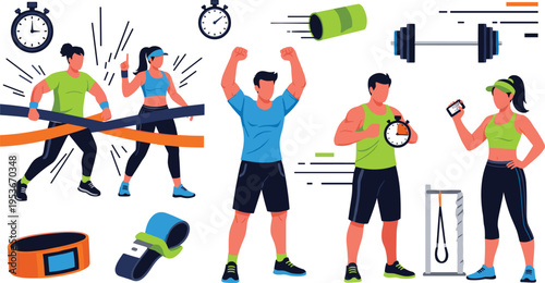 Fitness training and workout set with athletes, gym equipment and activity tracking, healthy lifestyle exercise vector illustration collection