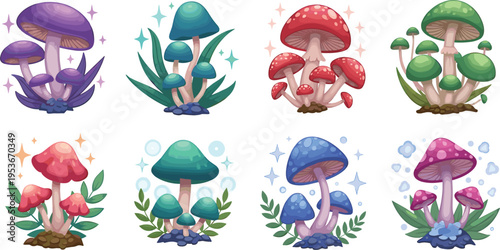Fantasy mushrooms set with colorful toadstools and magical plants, whimsical forest elements collection, cute cartoon vector illustration bundle