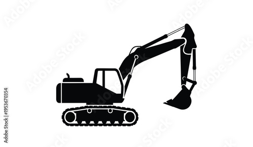 Silhouette of a black excavator on a white background heavy machinery silhouette