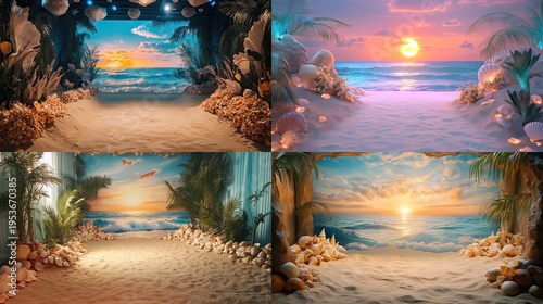 Tropical beach sunset scene with seashells and palm trees, digital art.