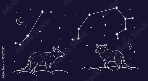 Stylized Tasmanian Devils with Zodiac Constellations in Night Sky. Mystical Wildlife Astrology Art, Celestial Animal Design.