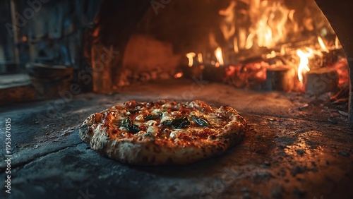 Delicious pizzas cooking in a brick oven with flames
