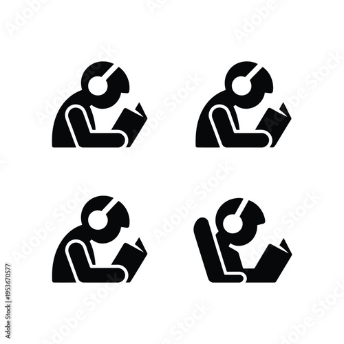 Four icons depicting people reading books in different seated postures world book day, world book day 2026, book day ,book day vector, book day set icons, book day vector icons