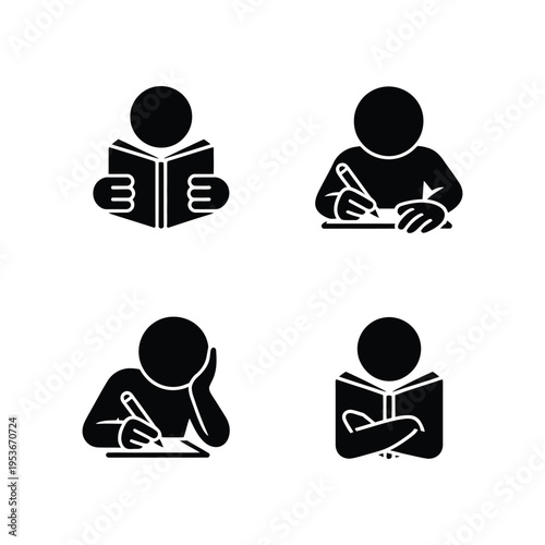 Four icons depicting different study and reading activities world book day, world book day 2026, book day ,book day vector, book day set icons, book day vector icons