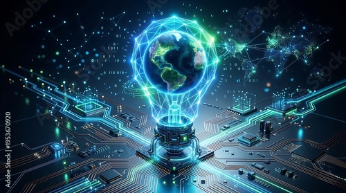 Glowing Earth inside lightbulb on circuit board, concept of Earth Hour and sustainable AI energy  ai new