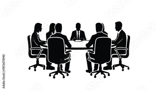 Business meeting in a conference room with silhouette of people sitting around a table