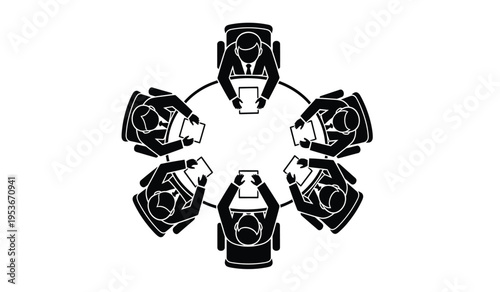 Symmetrical silhouette of six futuristic robotic heads in a circular formation