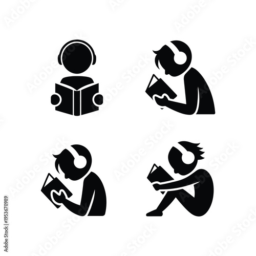 Children engaging with audiobooks and reading in various relaxed postures world book day, world book day 2026, book day ,book day vector, book day set icons, book day vector icons
