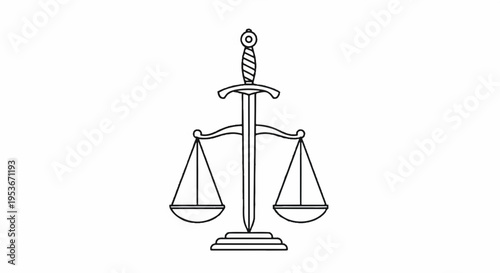 Balance scales with sword on white background symbolizing justice and fairness in law
