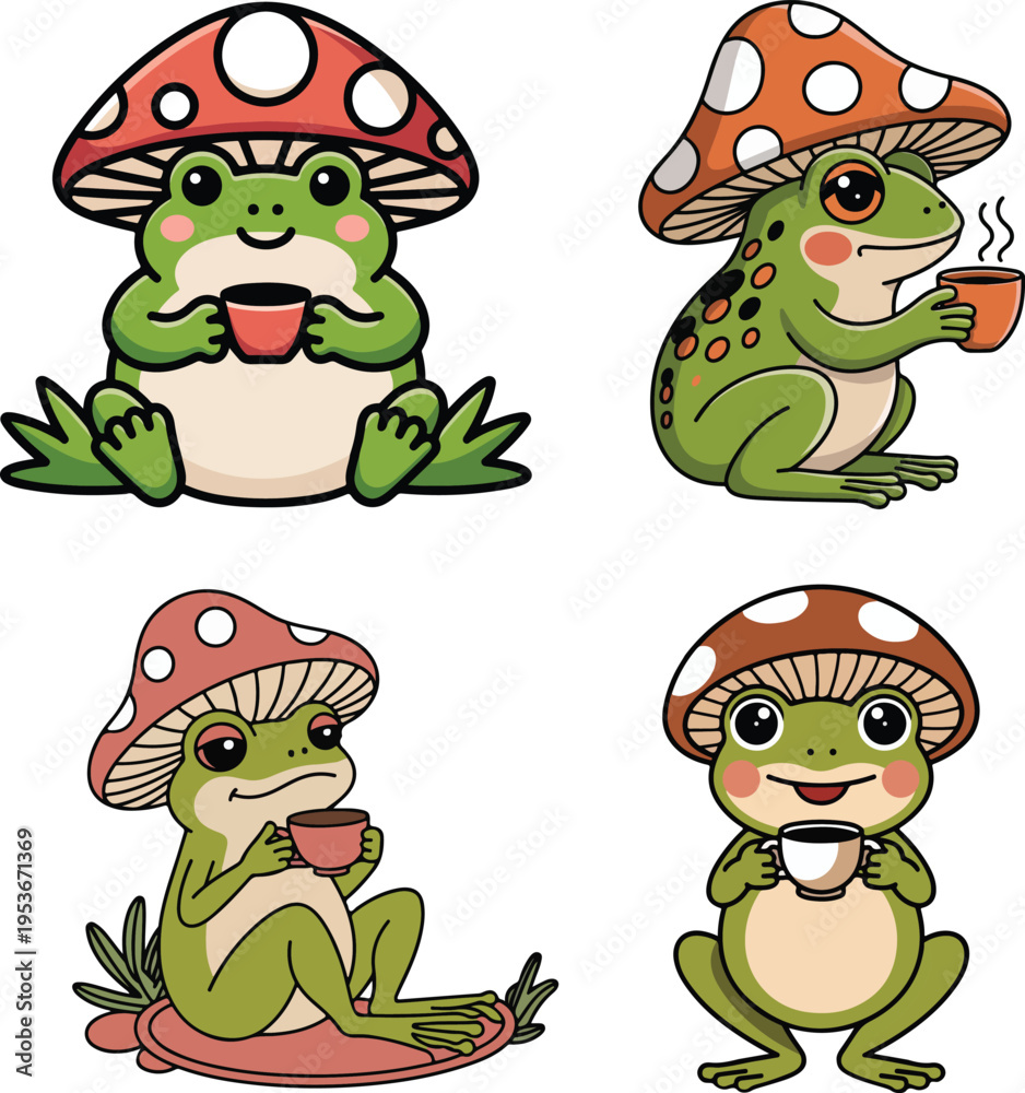 Naklejka premium Cute Frog With Mushroom Hat Drinking Tea
