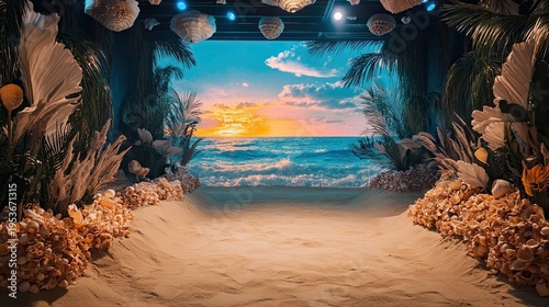 A sandy beach leading to a vibrant ocean sunset with tropical foliage.