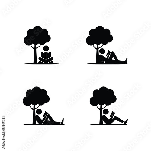 Four stages of relaxation while reading under a tree world book day, world book day 2026, book day ,book day vector, book day set icons, book day vector icons