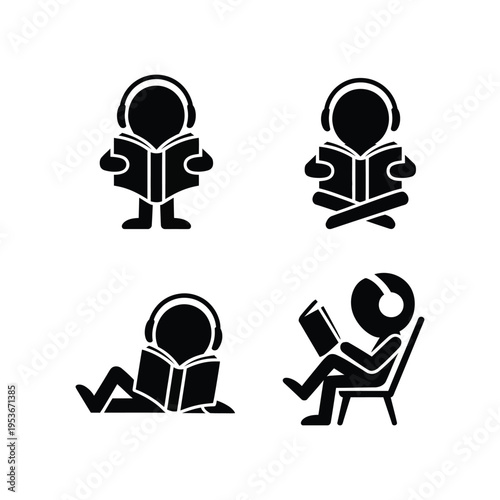 Four different ways of enjoying reading with books and headphones world book day, world book day 2026, book day ,book day vector, book day set icons, book day vector icons