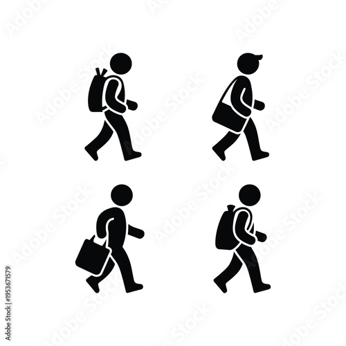 Four different icon styles of a person carrying bags while walking world book day, world book day 2026, book day ,book day vector, book day set icons, book day vector icons