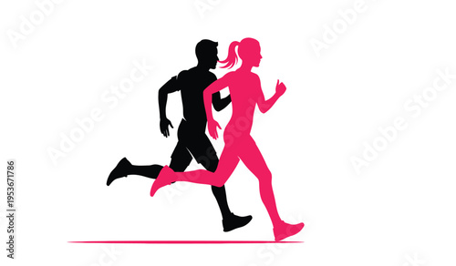 Silhouette of a man and woman running together in a side view