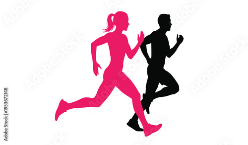 Running silhouette of a man and woman in motion together