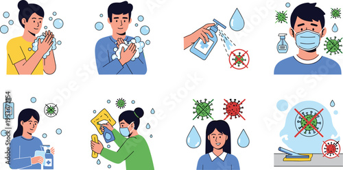 Hand hygiene and virus protection concept set with people washing hands wearing mask disinfecting surfaces and preventing infection, healthcare safety vector illustration collection