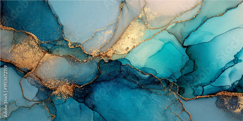 Abstract blue marble with golden veins, an elegant blend of flowing colors and textures, reminiscent of ocean depths. 