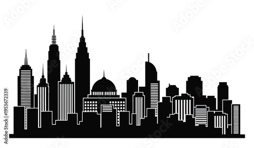 City skyline silhouette at dusk with towering skyscrapers and urban architecture