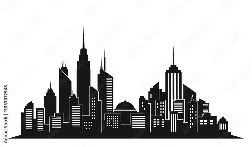 Obraz premium City skyline silhouette at dusk with modern skyscrapers and towering architecture