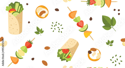 Healthy wrap and fruit skewers pattern with fresh ingredients, seamless food background, vegetarian snack vector illustration design