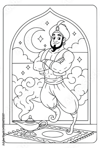  Mythology coloring page of a muscular genie character with arms crossed