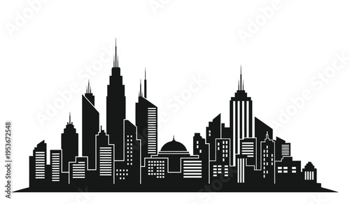 City skyline silhouette at dusk with modern skyscrapers and towering architecture