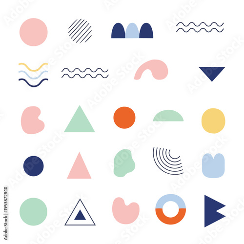 A grid arrangement of colorful, abstract shapes on a plain white background