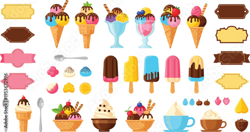 Ice cream desserts set with cones, popsicles, sundaes and labels, sweet treats collection, colorful food vector illustration bundle