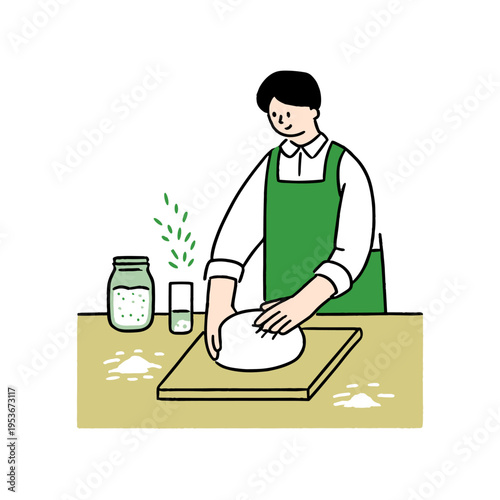 Baker Shaping Sourdough Loaf with Starter Jar on Wooden Counter