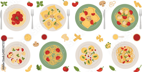 Italian pasta dishes vector set with spaghetti, ravioli, tomato sauce and herbs delicious cuisine cartoon illustration collection