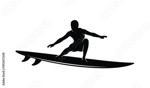 Silhouette of a surfer riding a surfboard with fins on a white background