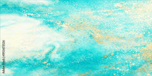 A serene and abstract watercolor background, with a focus on vibrant turquoise and gold hues. The abstract design invites the viewer to immerse themselves in a world of artistic expression.