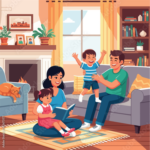 A happy family gathered in their living room, enjoying each other's company