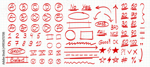 Vector image of marks with a red pen or marker for exam tests and checking homework at university or school on the background of a notebook sheet. Concept of education and teacher's work. 