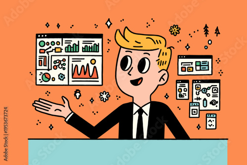 Business Professional Interacts with a Floating Modular Dashboard Interface