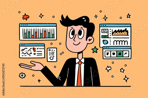 Business Professional Interacts with a Floating Modular Dashboard Interface