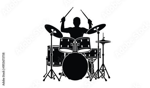 Silhouette of a drummer playing a drum set with cymbals and sticks