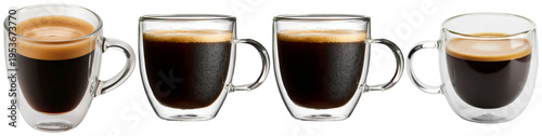 Quadro su tela Collection of double-layered glass coffee mugs with espresso and dark brew, isolated on transparent background