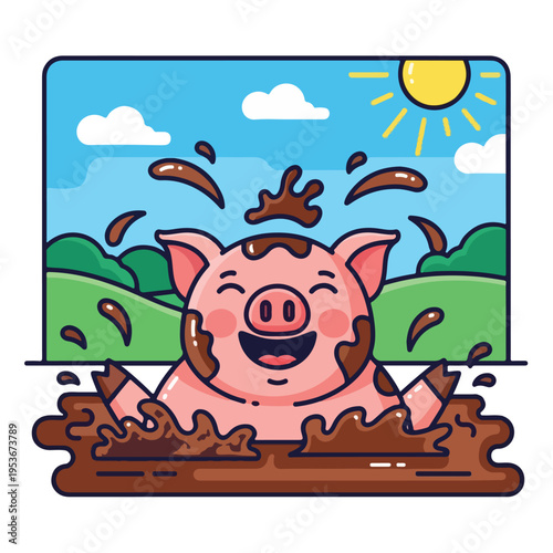 A happy pig, coated in mud, enjoys a sunny day in a field