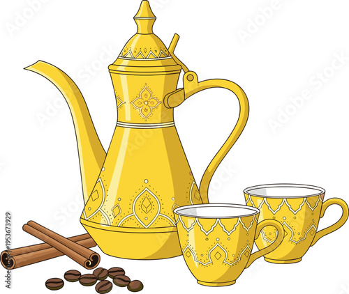 Golden traditional Arabic coffee set with dallah pot cups and cinnamon sticks