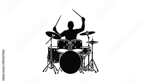 Drummer silhouette playing drums with energetic motion and sticks raised high