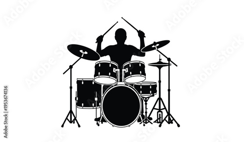 Drummer silhouette playing a drum set with cymbals and hi hats enthusiastically