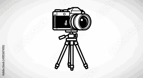 Professional digital camera on a sturdy tripod, black and white icon illustration for photography and videography equipment